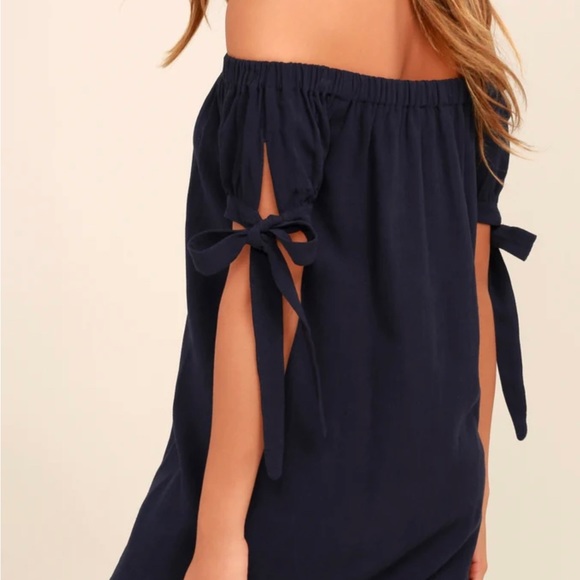 New with Tags- Lulus Al Fresco Evenings Navy Blue Off-the-Shoulder Dress - Picture 2 of 8